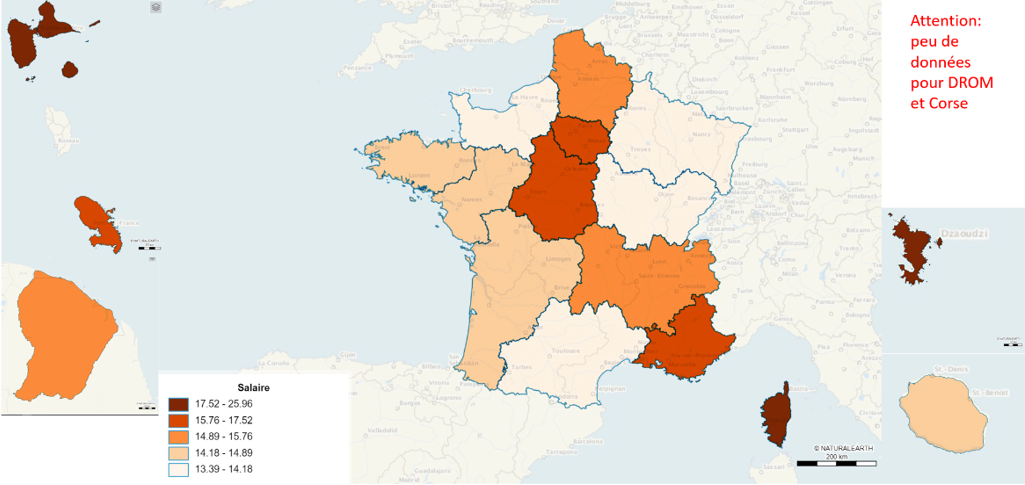 Salaire horaire net moyen par région